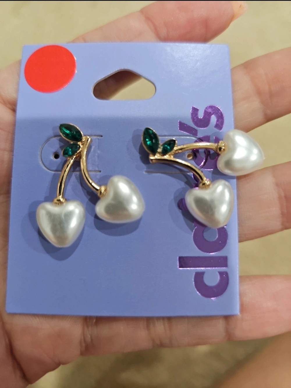 Claire's Gold-Tone Pearl Heart Cherry Earrings with Green Leaves